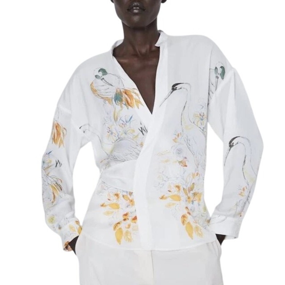 Zara Heron Crane Floral Tie Front Blouse Size Small